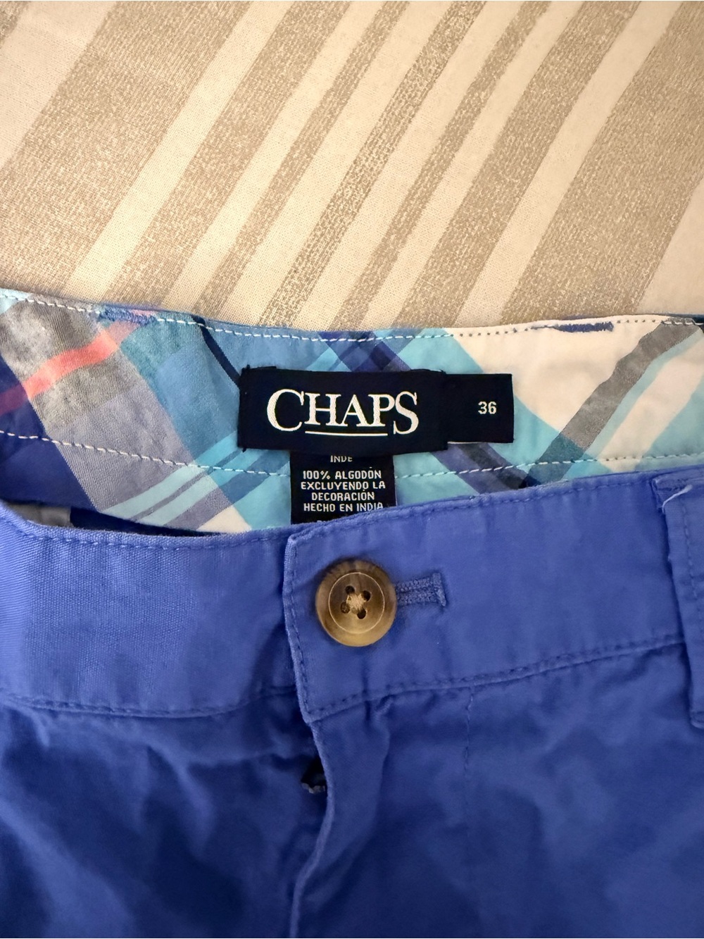 Chaps Men’s Bright Blue Flat Front Shorts with Plaid Waistband
